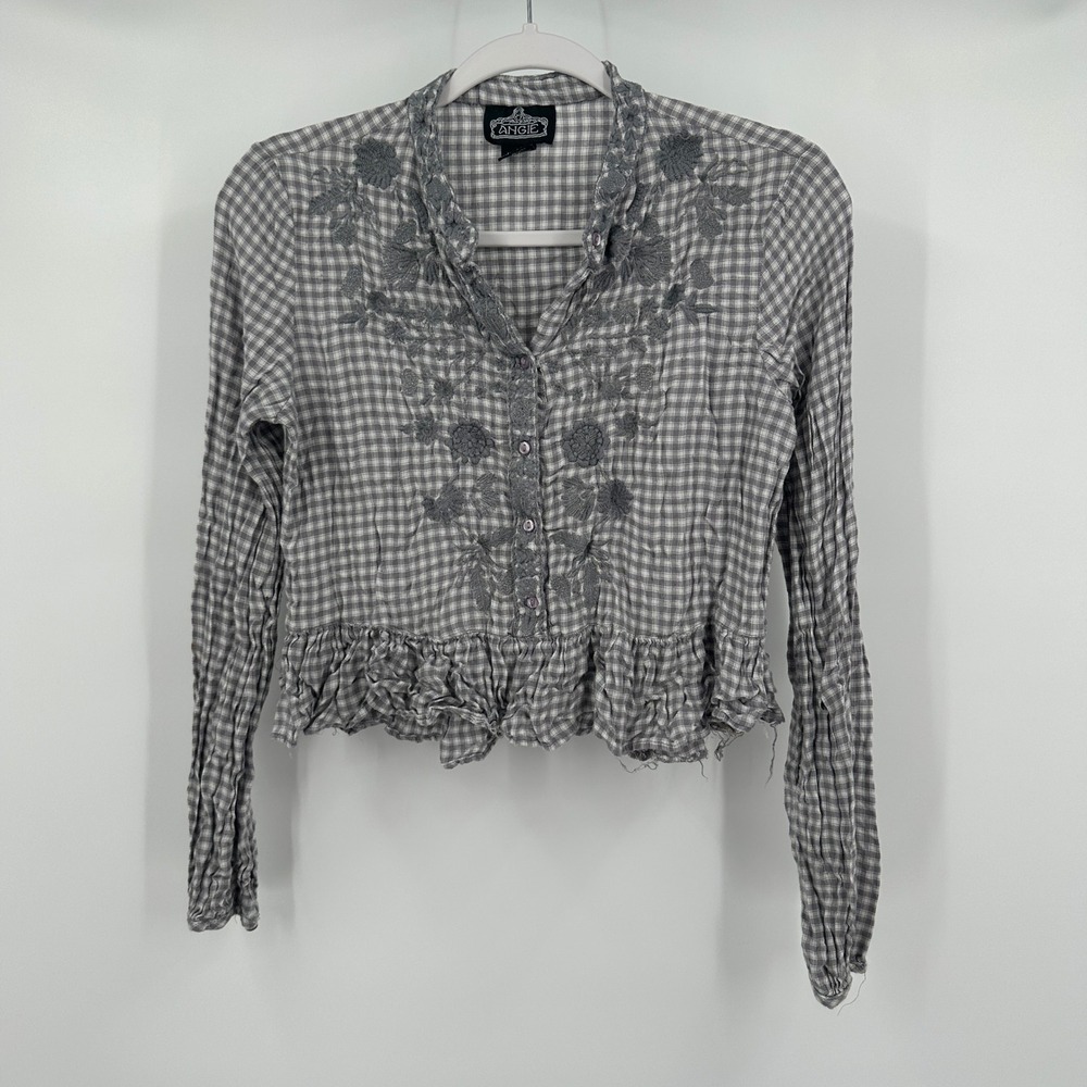 Angie Womens Top Size‎ M Embroidered Gingham Cottagecore Peplum Boho Blouse